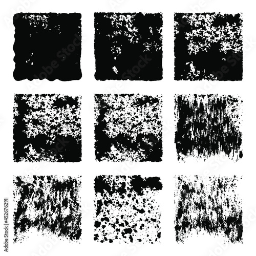 Set of nine square sponge imprints. Rectangular spots created with sponge and ink. Grunge paint squares. Eps10 vector