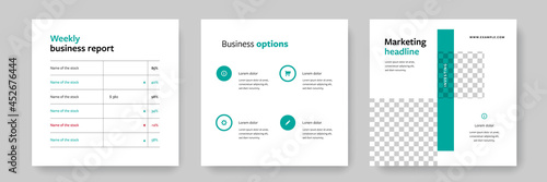 Clean and editable business instagram and facebook posts, square social media layout with green accent, white background, corporate minimal graphic design for marketing purposes