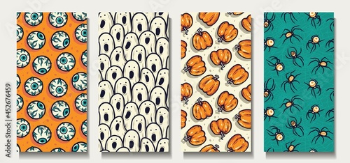 Pumpkin and eye for halloween. Larva spider and scary ghost for creepy backgrounds. Set of seamless patterns with eyeball, insect and spirit for holiday package and wrapper