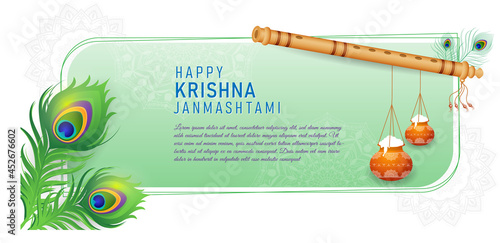Happy Janmashtami festival banner template design with dahi handi and peacock feather.
