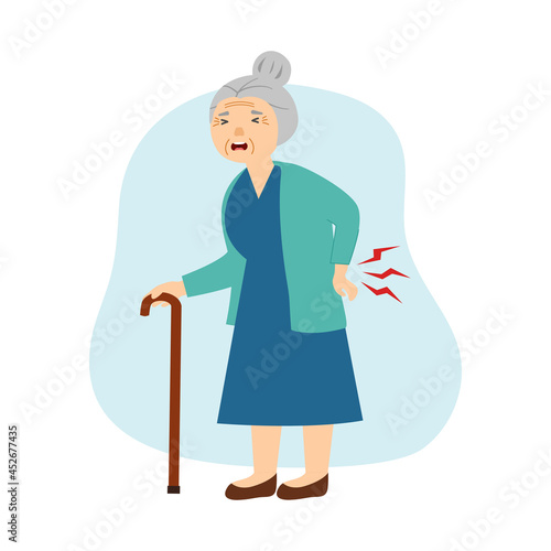 Senior woman having low back pain in flat design on white background. Backache symptom. Muscle or bone problem.