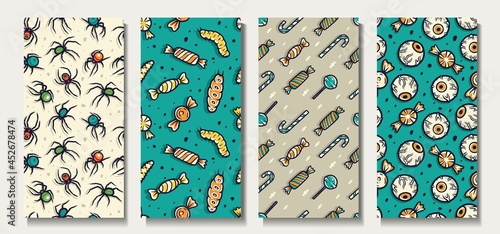 Candy and eye for halloween. Larva insect, worms and scary eyeball for creepy backgrounds. Set of seamless patterns for wallpaper of package and wrapper
