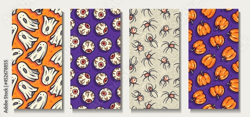 Halloween pumpkin and eye for halloween background. Spider and scary ghost. Set of seamless patterns with eyeball, insect and spirit for holiday package and wrapper