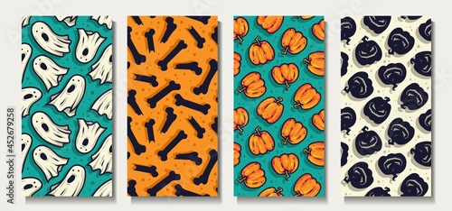 Halloween pumpkin and bones. Scary ghost for creepy backgrounds. Set of seamless patterns with eyeball, undead and spirit for holiday package and wrapper