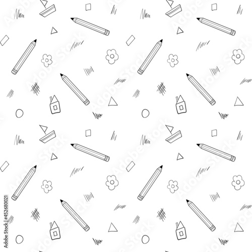 A simple school seamless pattern with a pencil, handwriting, house, flower drawn in a childish style. Black and white background with isolated hand-drawn doodle outline elements. Vector illustration.