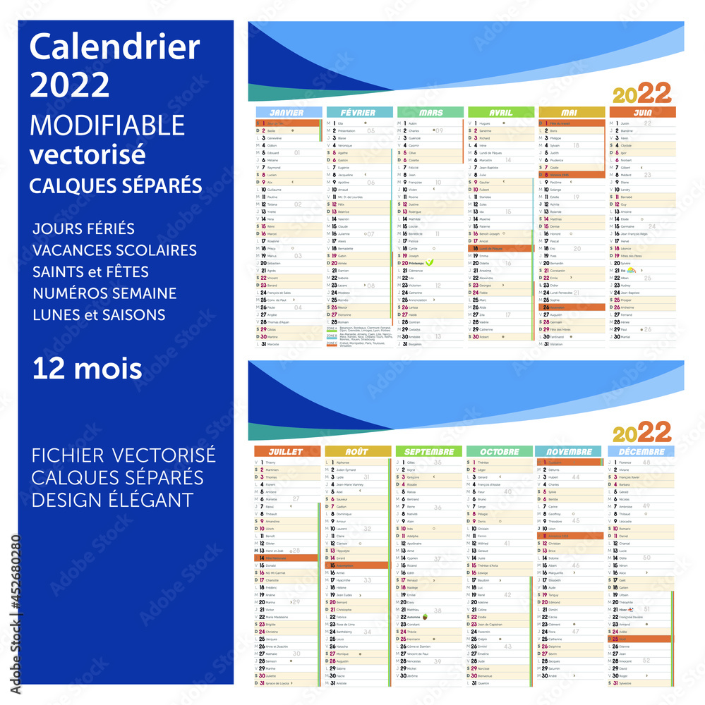 Calendrier 2022 - calendrier vectoriel, calques séparés - vacances ...