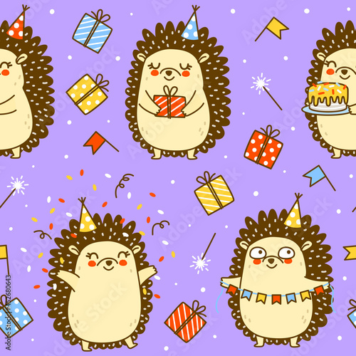 Seamless pattern with cute hedgehog - cartoon background for happy Birrthday wrapping design