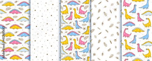 Set of seamless patterns with cute dinosaurs - cartoon backgrounds for children textile and wrapping design