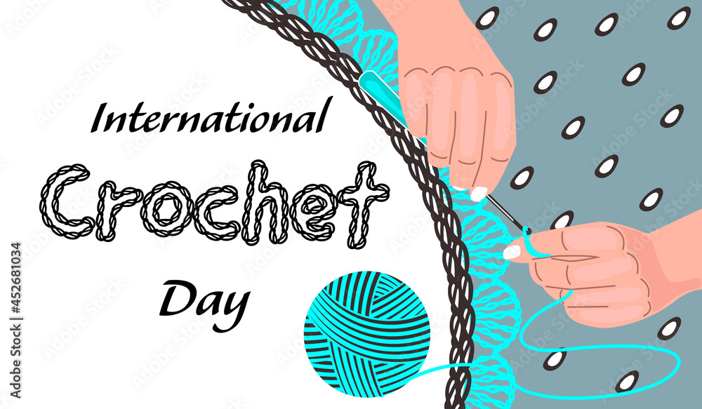 International Crochet Day banner with hands binding with lace napkin