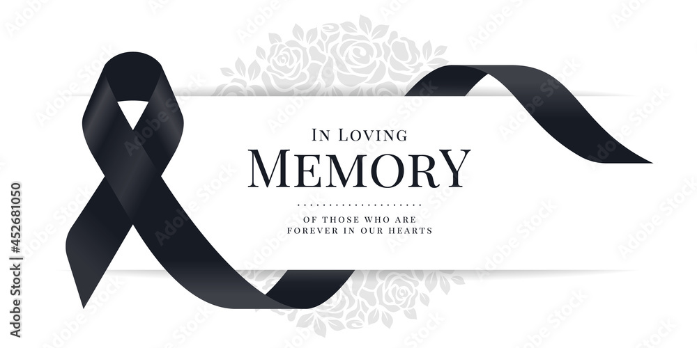 In loving memory of those who are forever in our hearts text and black ribbon sign are roll waving around white banner on rose texture background vector design - obrazy, fototapety, plakaty 