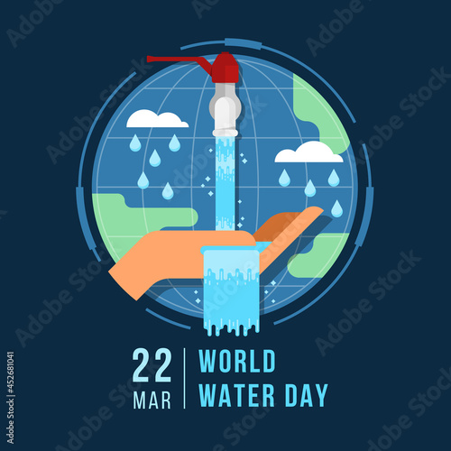 world water day hands hold water fall from tap on circle world globle and rain on dark blue background , modern flat style vector Design