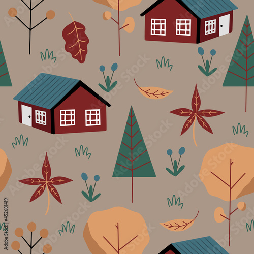 Vector seamless pattern with cute doodle country side village with red Scandinavian houses, autumn forest trees and leaves