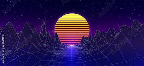 Virtual retro purple landscape. Synth wave style poster. 80s game neon background with road and sun.