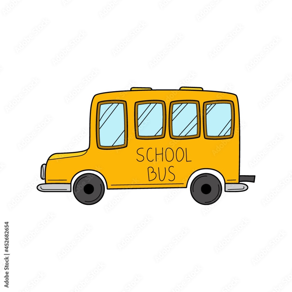 Doodle-style school bus. Hand-drawn Colorful vector illustration. Design elements are isolated on a white background