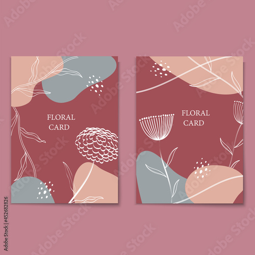 Floral line art, minimal flat style cards set