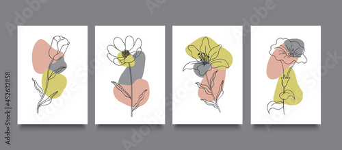 Flower line art, minimal flat style cards set