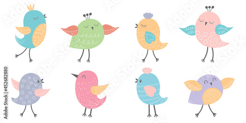 Hand drawn set of cute birds