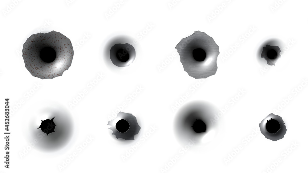 Realistic bullet holes set vector illustration. Collection of damaged element from shooting weapon - obrazy, fototapety, plakaty 