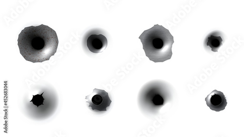 Realistic bullet holes set vector illustration. Collection of damaged element from shooting weapon