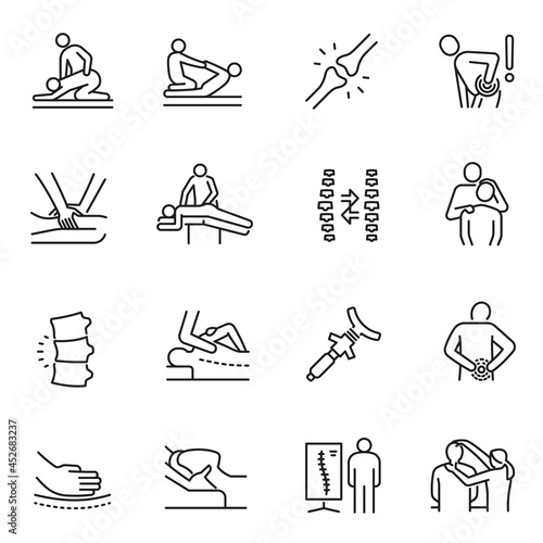 Monochrome chiropractic icon set vector physical injury or chronic disease massage treatment