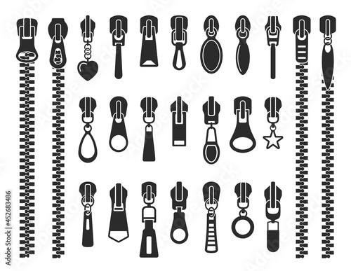 Set of black zipper silhouettes vector flat illustration close and open zip with fastener