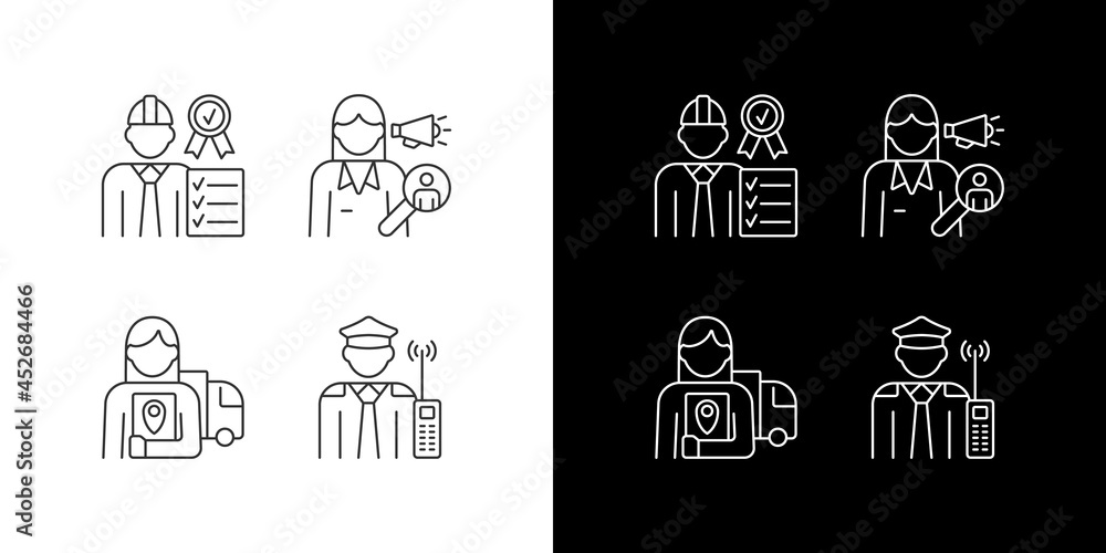 Staff of company linear icons set for dark and light mode. Quality control manager. Organization employees. Customizable thin line symbols. Isolated vector outline illustrations. Editable stroke