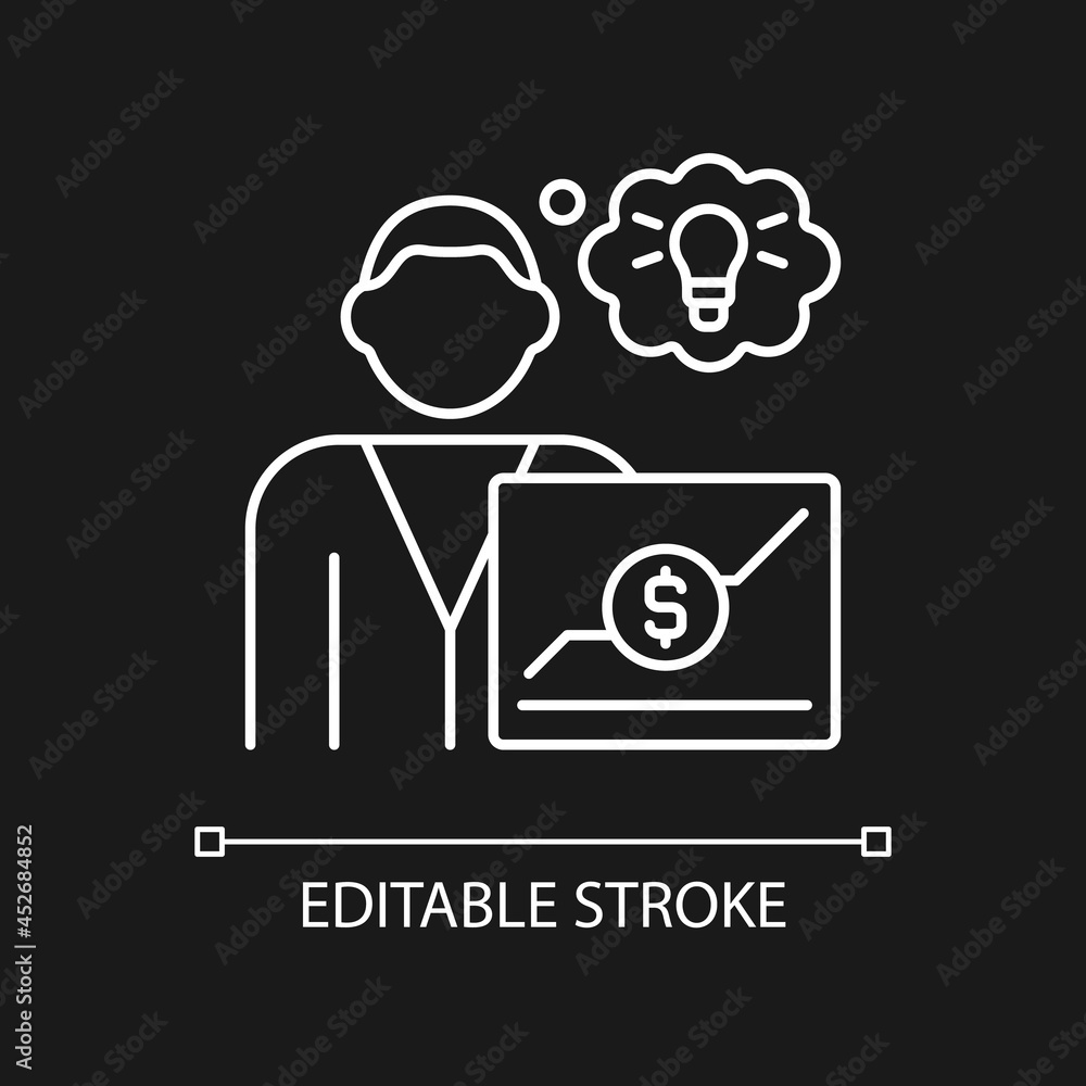 Business analyst white linear icon for dark theme. Market analysis. Reswarch business processes. Thin line customizable illustration. Isolated vector contour symbol for night mode. Editable stroke Business analyst white linear icon for dark theme. Market analysis. Reswarch business processes. Thin line customizable illustration. Isolated vector contour symbol for night mode. Editable stroke