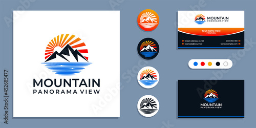 Mountain with sea, panorama of beach logo and business card design template inspiration