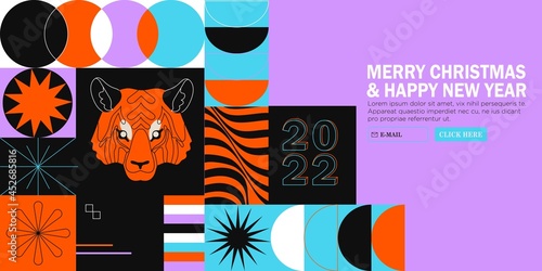 Brutalism art abstract christmas or 2022 new year banner with simple geometric shapes, forms and tiger portrait. Bold form graphic design for web site, greetings cards, posters, prints, backgrounds.