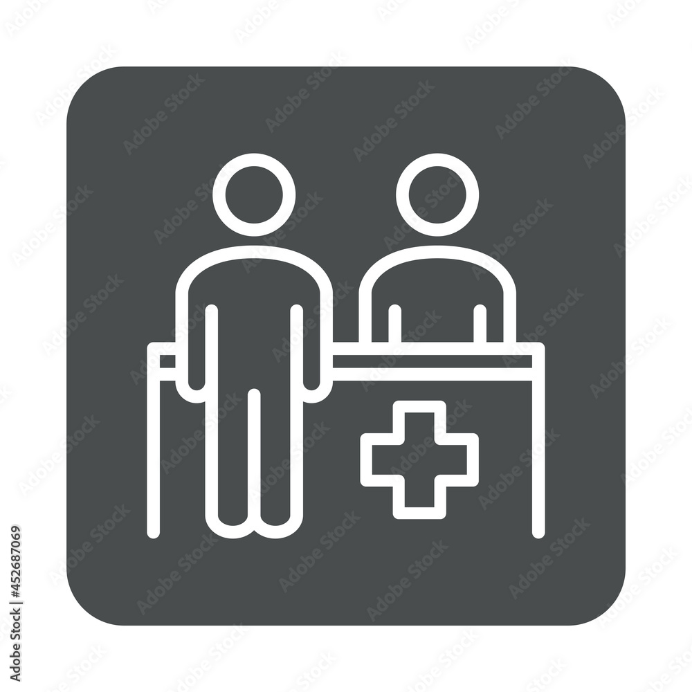 Asistencia sanitaria. Icono mostrador de farmacia con lineas en cuadrado color gris Asistencia sanitaria. Icono mostrador de farmacia con lineas en cuadrado color gris