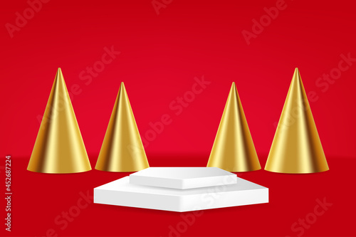 Modern product podium with golden christmas tree on the background Vector
