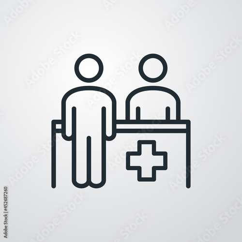 Asistencia sanitaria. Icono mostrador de farmacia con lineas en fondo gris