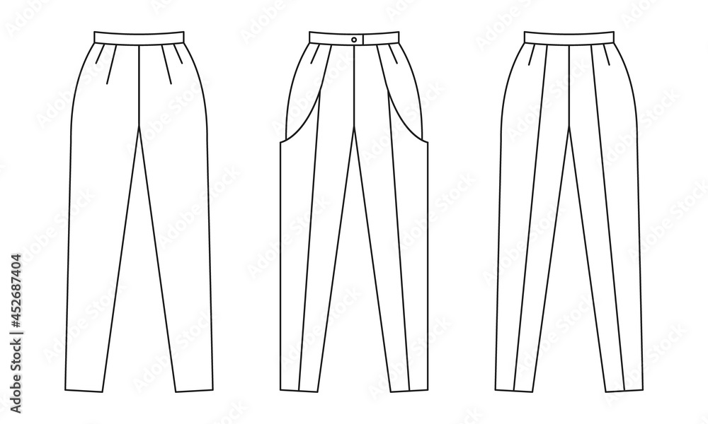 Fashion illustration clothing template. Flat sketch of pants. Different ...