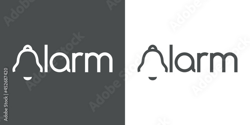 Logotipo con texto Alarm con campana como letra inicial A en fondo gris y fondo blanco