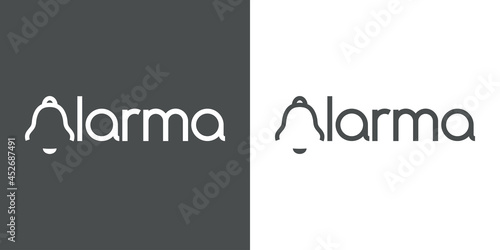 Logotipo con texto Alarma en español con campana como letra inicial A en fondo gris y fondo blanco
