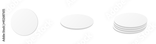 Circle beer coaster. Empty white mockup. Pprotection coaster for beer glasses, tea cups isolated on white background. Branding template vector illustration.