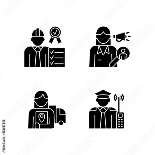 Staff of company RGB black glyph icons set on white space. Quality control manager. Security guard. Logistician. Organization employees. Silhouette symbols. Vector isolated illustration