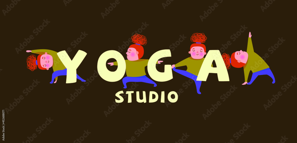 Fototapeta premium redhead girl doing different yoga asanas. logo, poster for yoga studio.