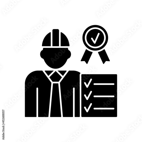 Quality control manager black glyph icon. Production inspector. Requirements and standards. High quality products and service. Silhouette symbol on white space. Vector isolated illustration