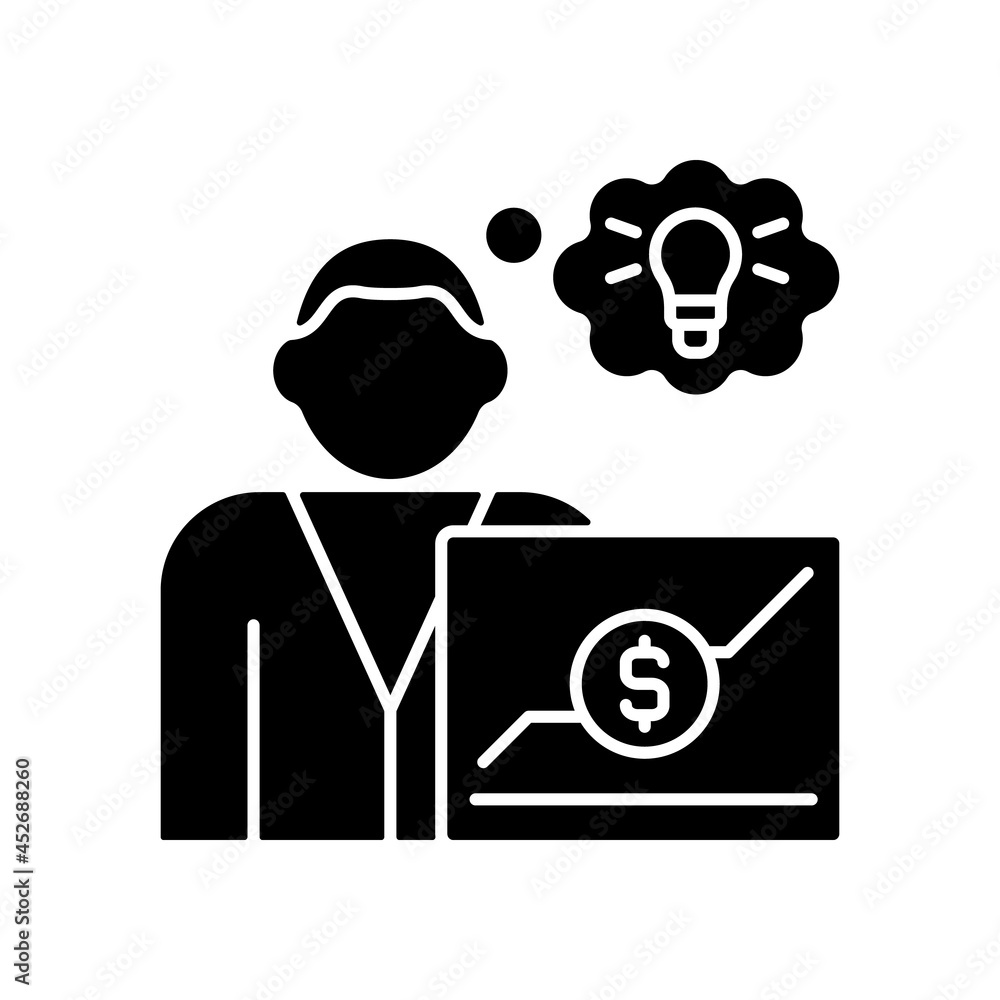 Business analyst black glyph icon. Market analysis and investigation. Reswarch business processes and documents. Create business model. Silhouette symbol on white space. Vector isolated illustration Business analyst black glyph icon. Market analysis and investigation. Reswarch business processes and documents. Create business model. Silhouette symbol on white space. Vector isolated illustration