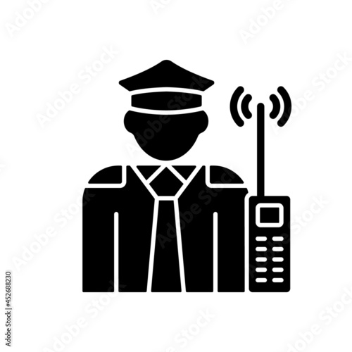 Security guard black glyph icon. Protective agent. Officer that supervises and monitor private and public property. Prevent crime. Silhouette symbol on white space. Vector isolated illustration