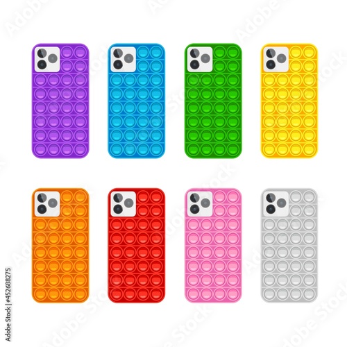 Pop-it phone case set. Trendy anti-stress game for kids and adults. Hand toy with push bubbles in rainbow colors. Back side different colors. Vector illustration isolated on white background.