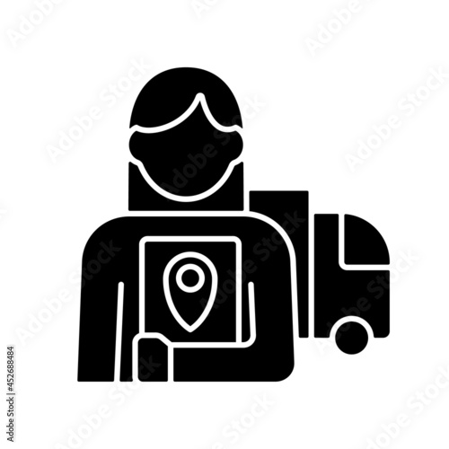Logistician black glyph icon. Control movement of products and people. Transportation, management. Coordination of delivery and supply. Silhouette symbol on white space. Vector isolated illustration