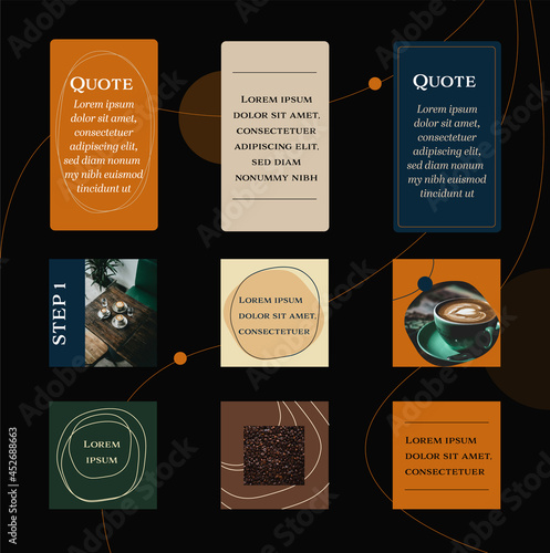 Graphic brown, green and nude templates. Elegant graphic teamplate. Frame for posts and stories. 