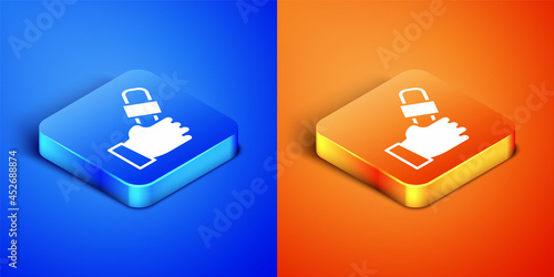 Isometric Journalist hand holding microphones performing interview icon isolated on blue and orange background. Square button. Vector