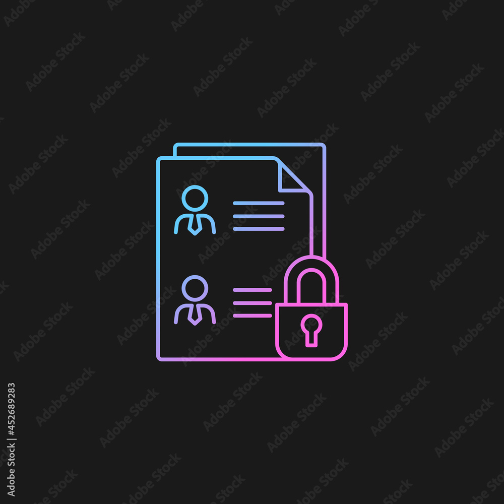 Employee data protection gradient vector icon for dark theme. Safeguarding personal data in workplace. Personnel files. Thin line color symbol. Modern style pictogram. Vector isolated outline drawing Employee data protection gradient vector icon for dark theme. Safeguarding personal data in workplace. Personnel files. Thin line color symbol. Modern style pictogram. Vector isolated outline drawing