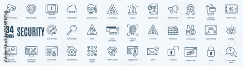 Protection and Digital Security Vector Editable Storke Line Icons Set. Contains such Icons as Finger Print, Business Data Protection Technology, Cyber Security, Computer Network Protection. 