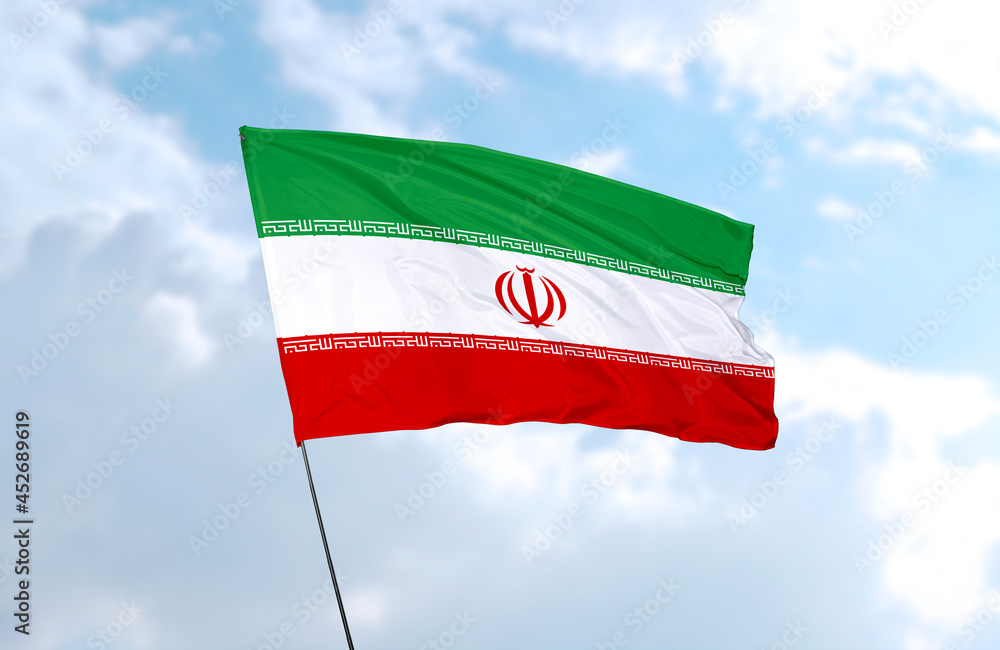 Flag of Iran, realistic 3d rendering in front of blue sky Stock ...