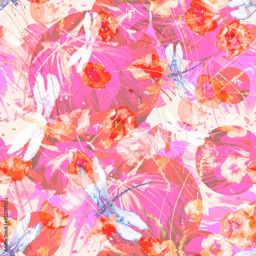 Creative seamless watercolor pattern of plants, Herbs, flowers, poppy, lily, tulip.flowers watercolor, stylish pattern. Abstract paint splash. Watercolor background. Abstract. The dragonfly flies