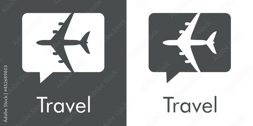 Logotipo con texto Travel y silueta de avión en burbuja de habla en fondo gris y fondo blanco